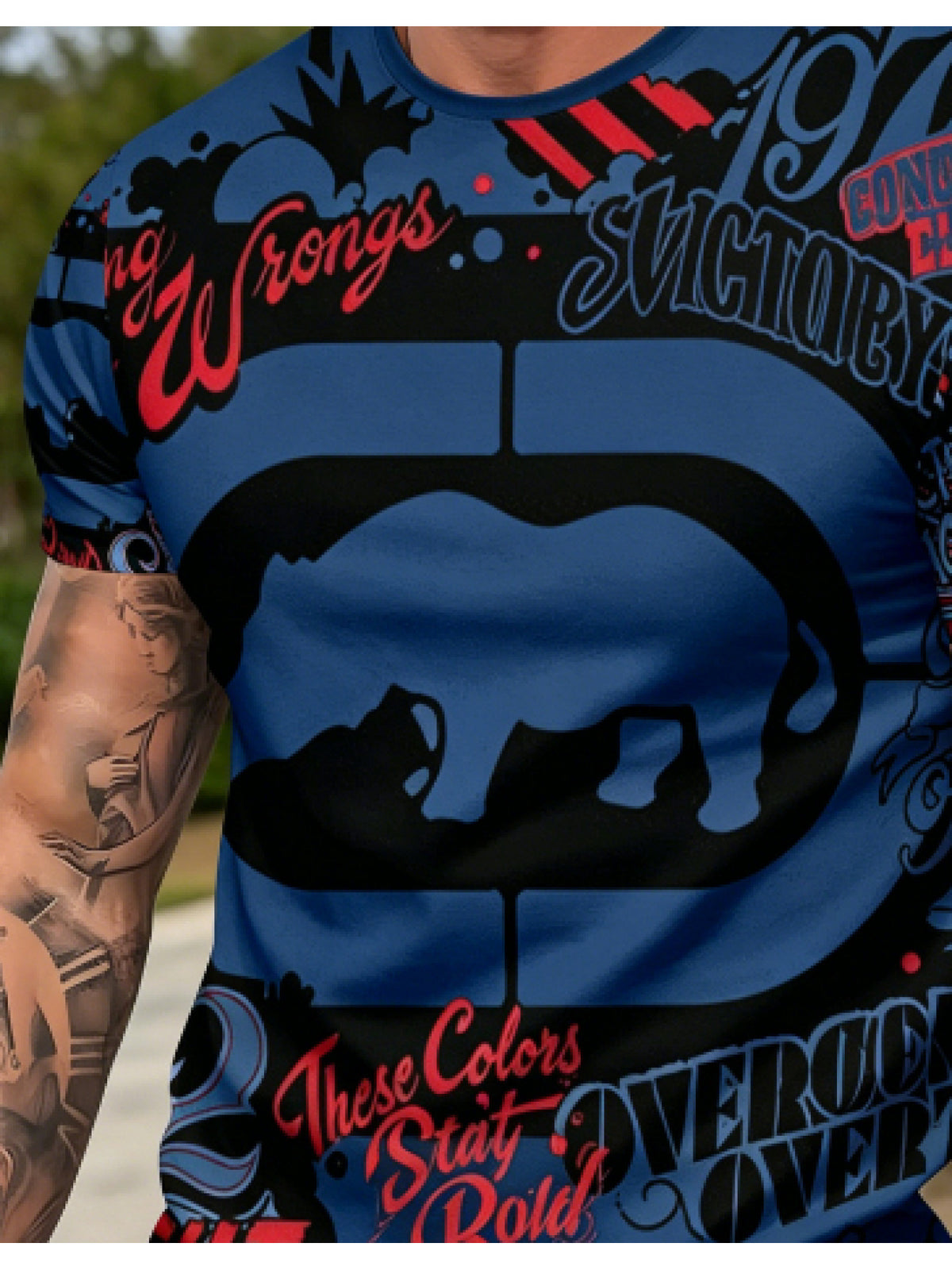 Men's Digital Print T-Shirt / Fashionable Crew Neck Short Sleeve / Printed Trendy American-Style Rhino Graffiti Short Sleeve T-Shirt / Unique Vintage Cool Design / Crew Neck Casual Fit / Versatile for Daily Outings / Create a Trendy Outfit / A Must-Have