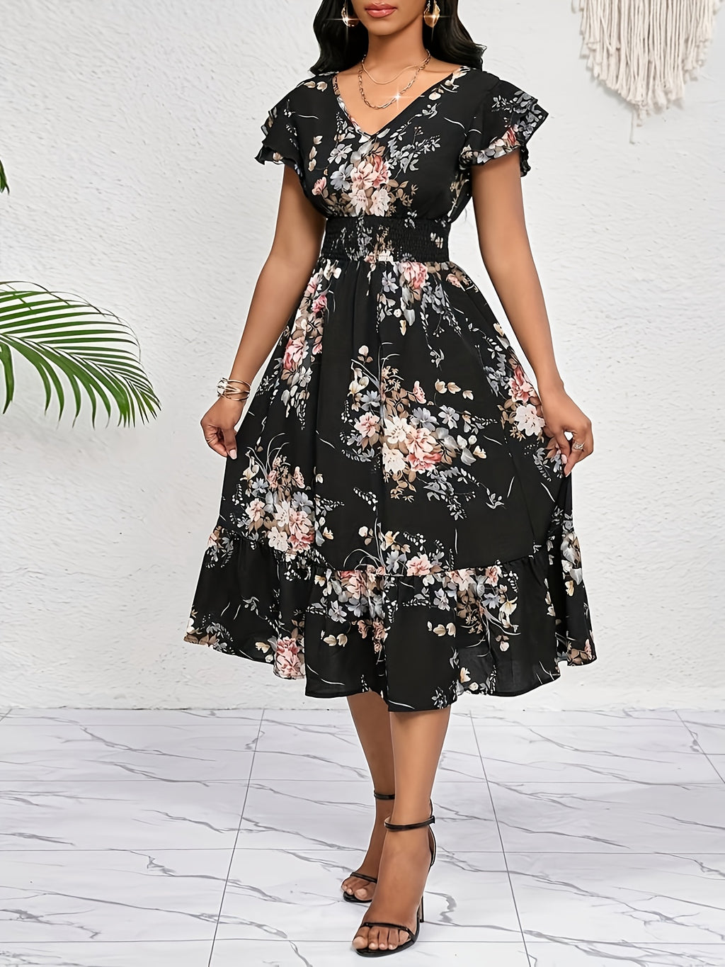 Women'S Printed Ruffled Waist Belt Midi Dress, All-Season Casual Elegant Party & Office Dress/Birthday & Holiday Gown, Bohemian Style Sunshine Dress