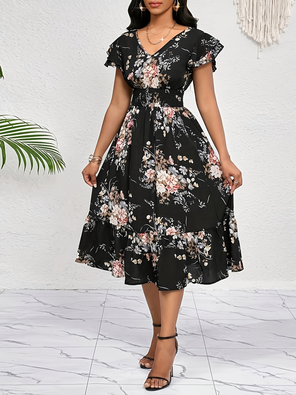 Women'S Printed Ruffled Waist Belt Midi Dress, All-Season Casual Elegant Party & Office Dress/Birthday & Holiday Gown, Bohemian Style Sunshine Dress