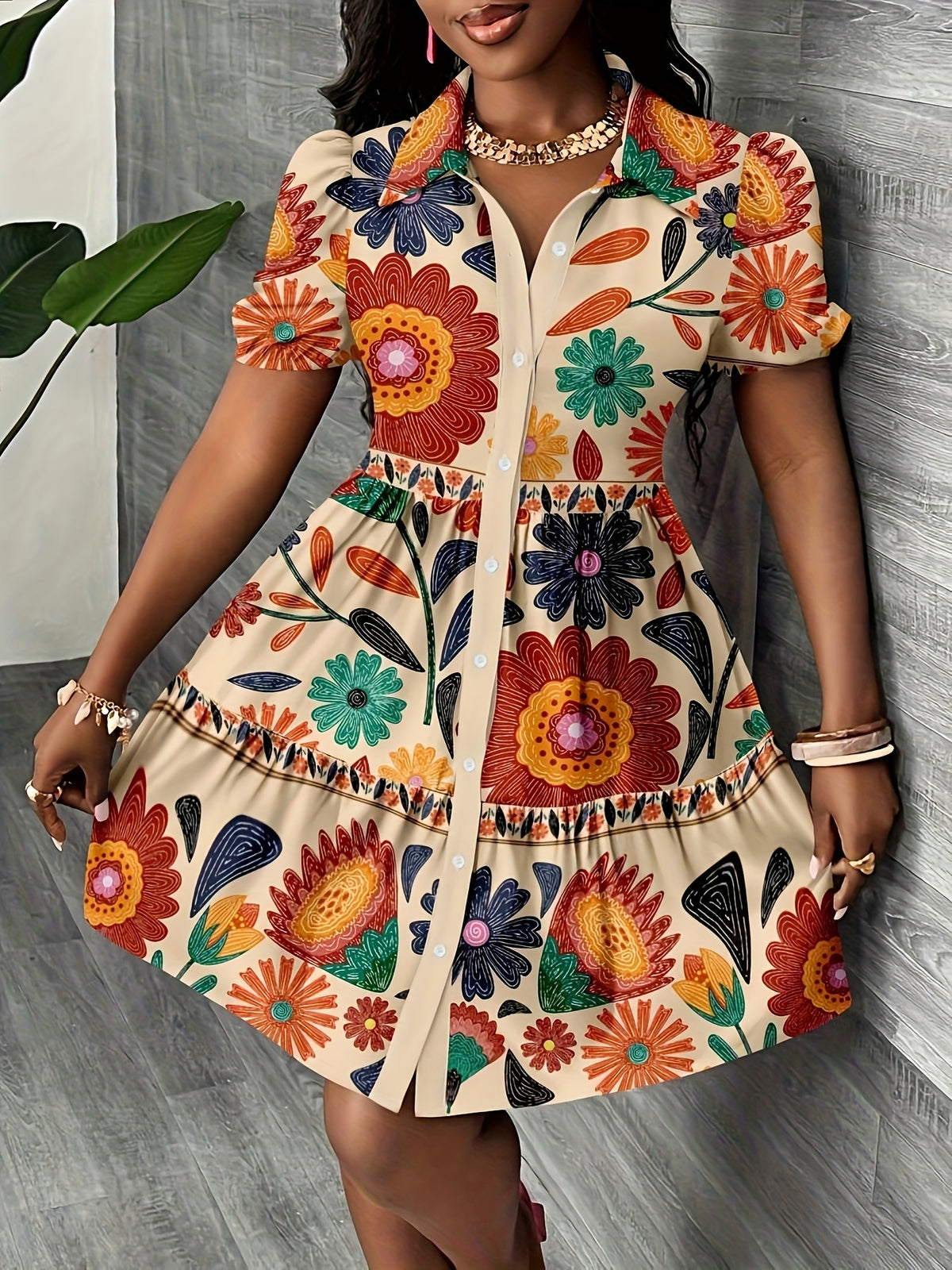 Tropical Floral Print Puff Sleeve Summer Dress