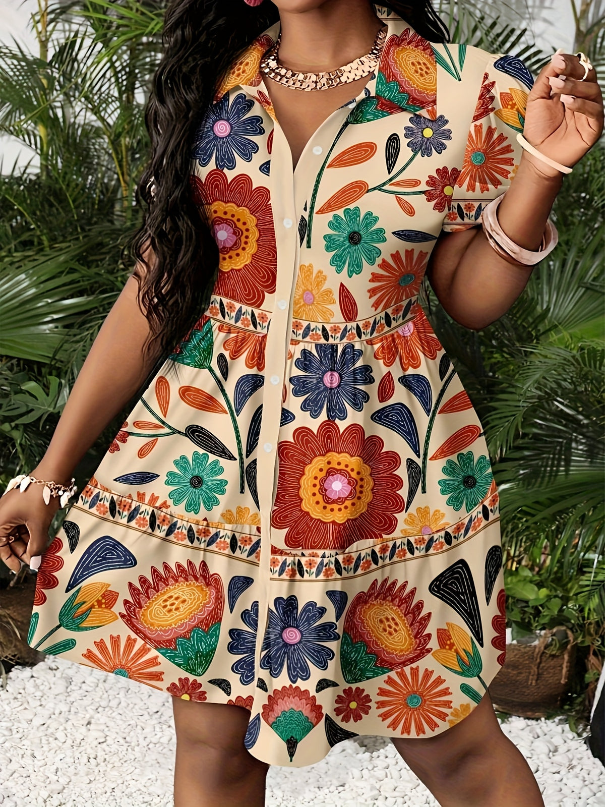 Tropical Floral Print Puff Sleeve Summer Dress