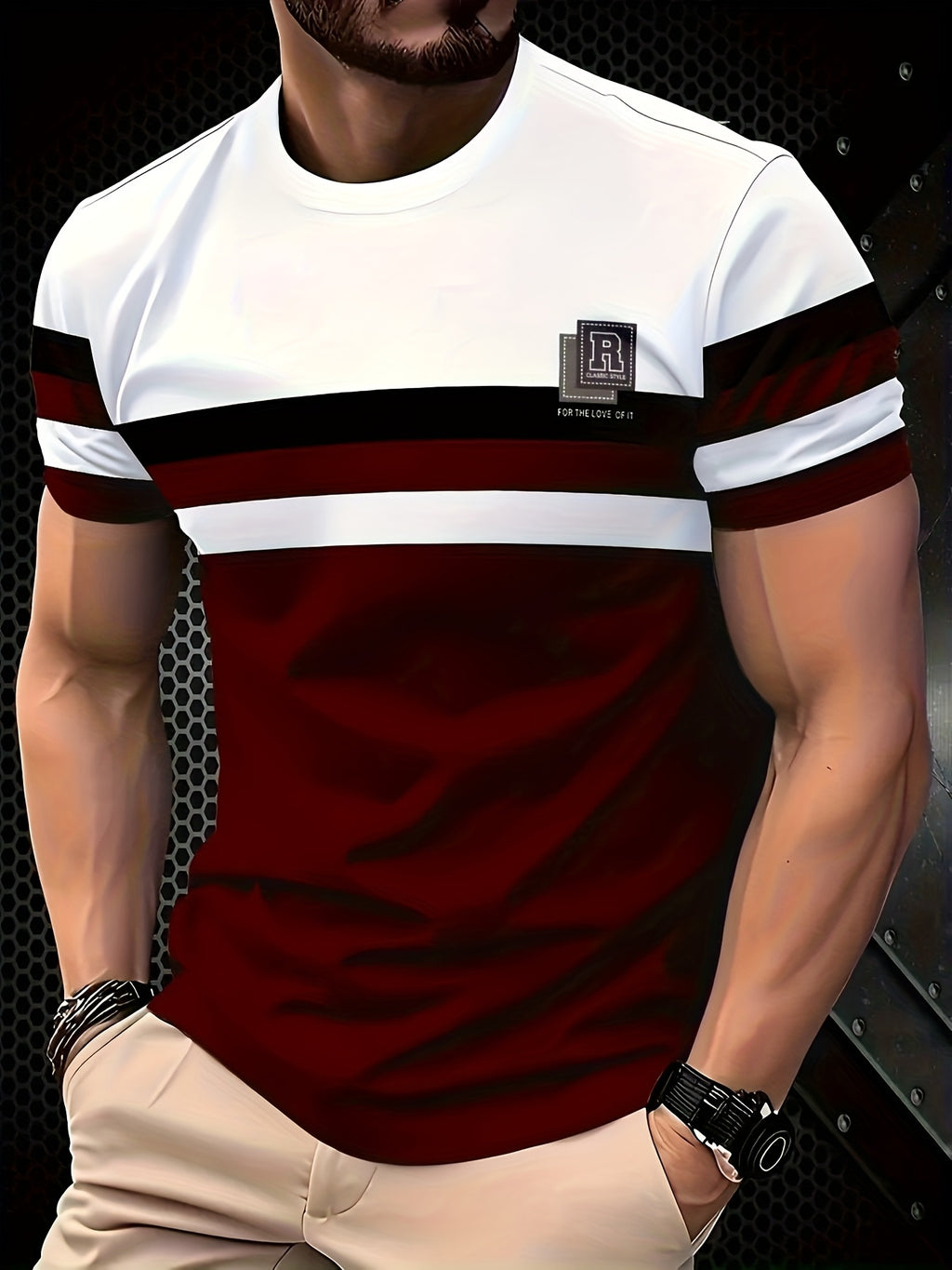 Print Design – Not Textured, Fashion Men'S Casual Round Neck Striped Letter Print T-Shirt, Breathable Fabric, Regular Fit Top, Trendy Men'S Wear