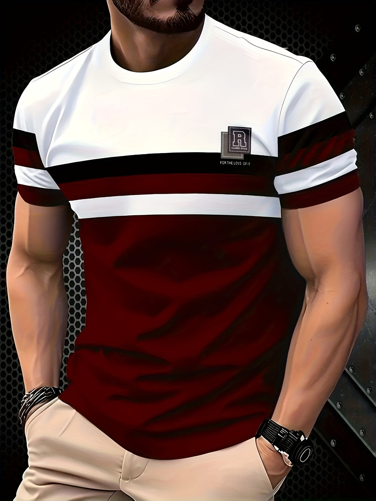 Print Design – Not Textured, Fashion Men'S Casual Round Neck Striped Letter Print T-Shirt, Breathable Fabric, Regular Fit Top, Trendy Men'S Wear