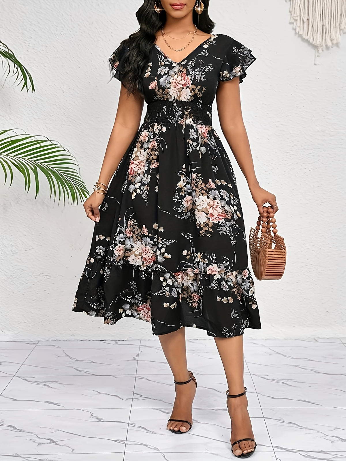 Women'S Printed Ruffled Waist Belt Midi Dress, All-Season Casual Elegant Party & Office Dress/Birthday & Holiday Gown, Bohemian Style Sunshine Dress