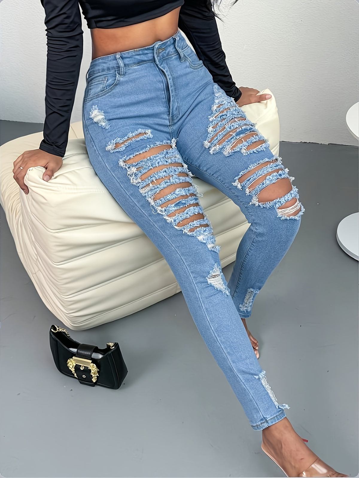 Women'S High Waist Skinny Jeans, Stretch Denim Pants with Heavily Ripped & Frayed Details, Slim Fit Trousers for Daily, Night Out And Casual Party Occasions