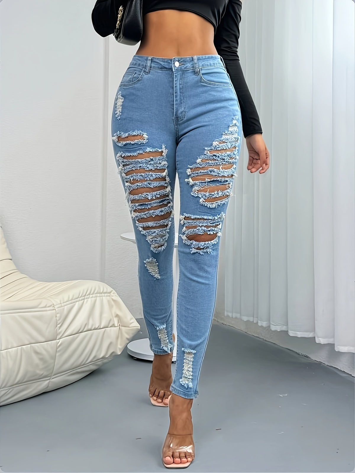 Women'S High Waist Skinny Jeans, Stretch Denim Pants with Heavily Ripped & Frayed Details, Slim Fit Trousers for Daily, Night Out And Casual Party Occasions