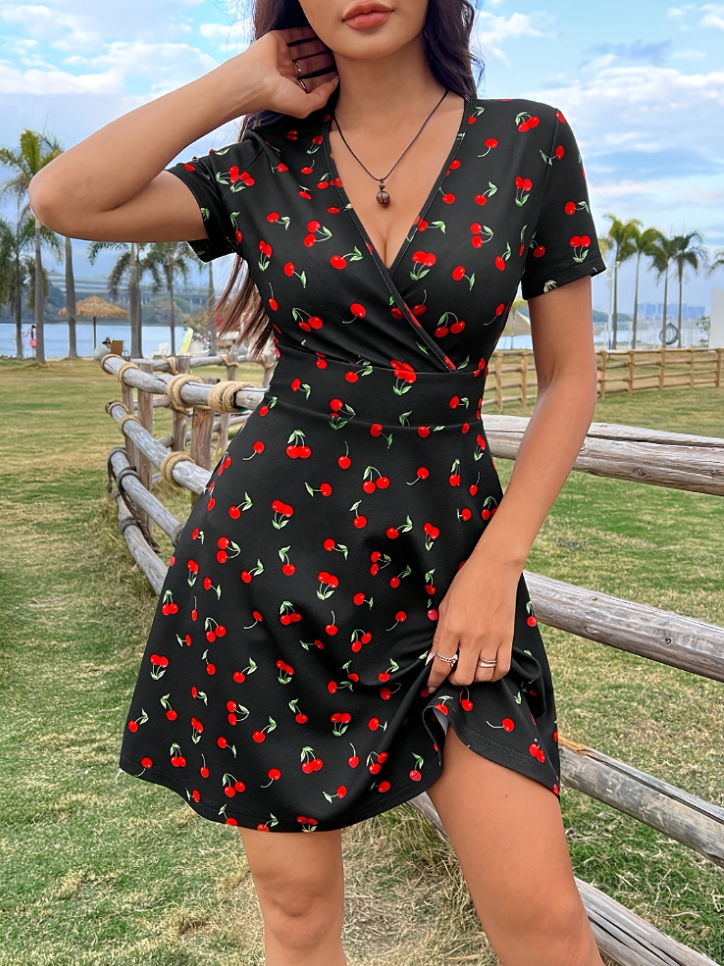 Lady, Elegant Black Fruit Print Maxi Dress