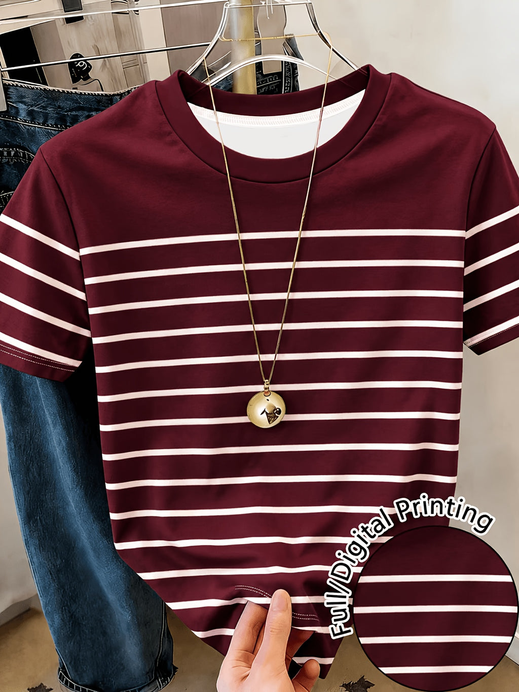Women'S Size T-Shirt: Classic Summer Dark Green And White Striped Basic Short-Sleeve T-Shirt Easy, Loose-Fitting, Casual, Flattering, And Versatile Top Summer Outfits for Women Women'S Summer Clothing Women'S Clothing Women'S