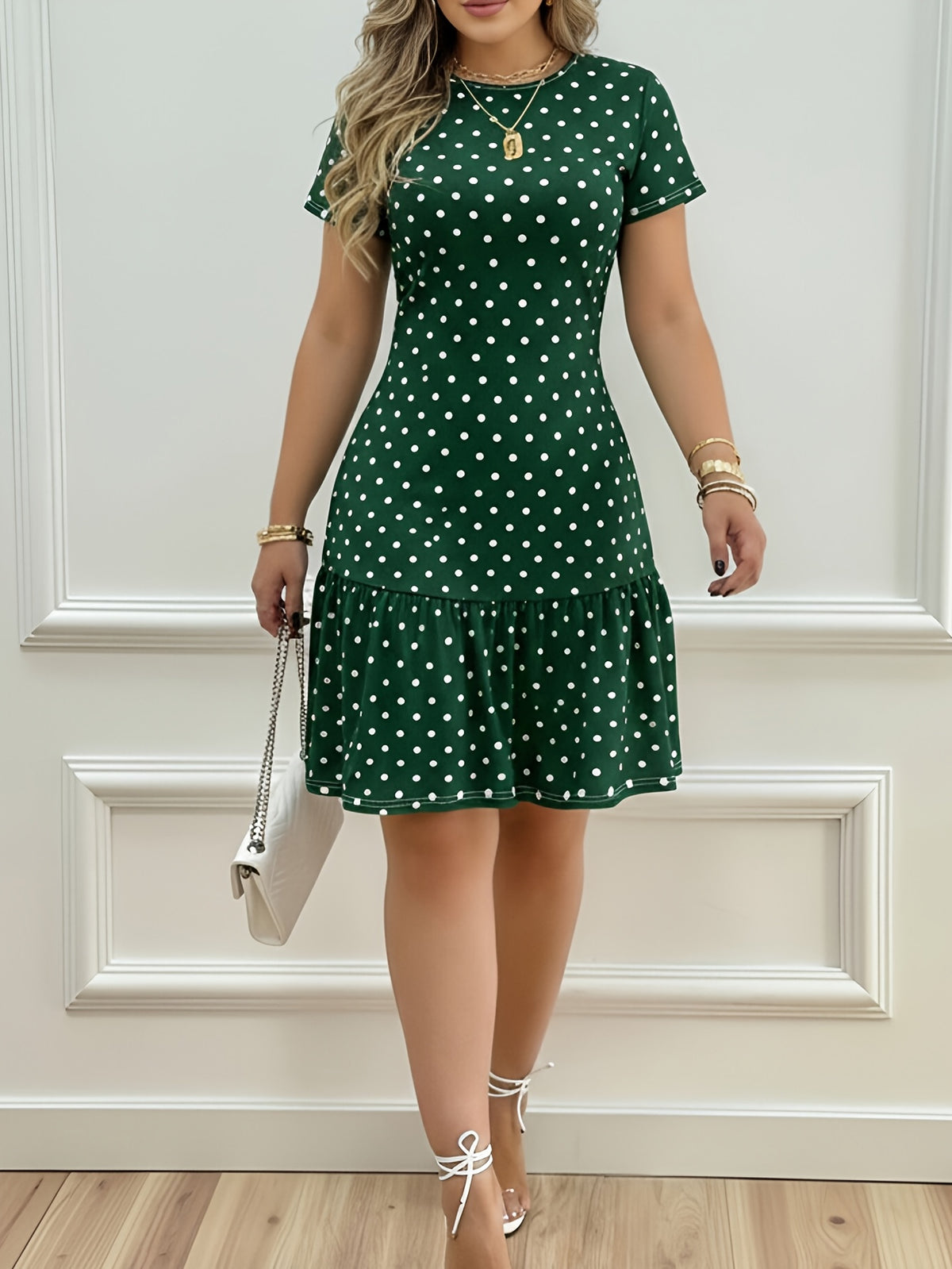 2026 Polka Dot Print Ruffle Hem Dress, Vintage Polka Dot Print Round Neck Short Sleeve Ruffle Hem Short Dress, Slim Fit Casual Dress, and Versatile Style, Date Night, Summer New Arrival, Elegant Polka Dot Print Short Skirt