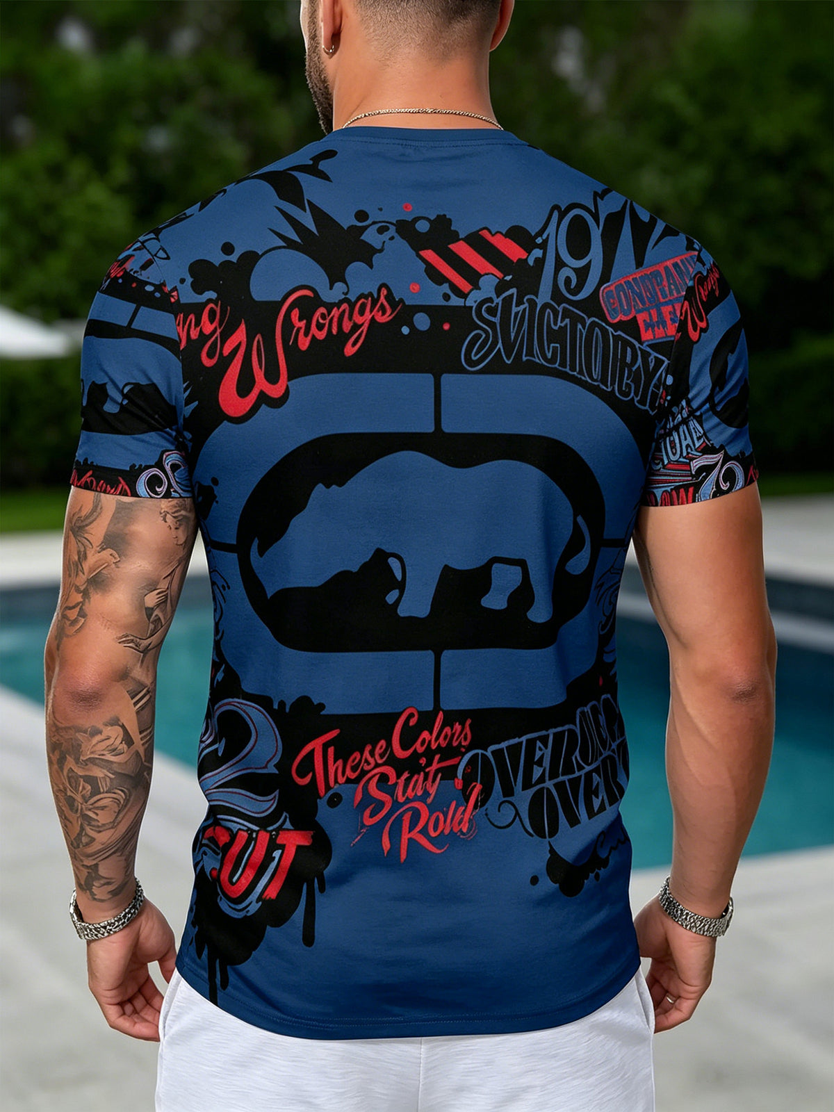 Men's Digital Print T-Shirt / Fashionable Crew Neck Short Sleeve / Printed Trendy American-Style Rhino Graffiti Short Sleeve T-Shirt / Unique Vintage Cool Design / Crew Neck Casual Fit / Versatile for Daily Outings / Create a Trendy Outfit / A Must-Have
