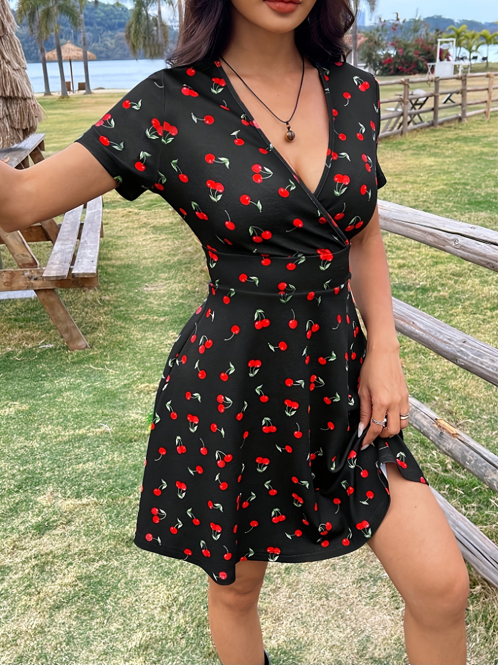 Lady, Elegant Black Fruit Print Maxi Dress