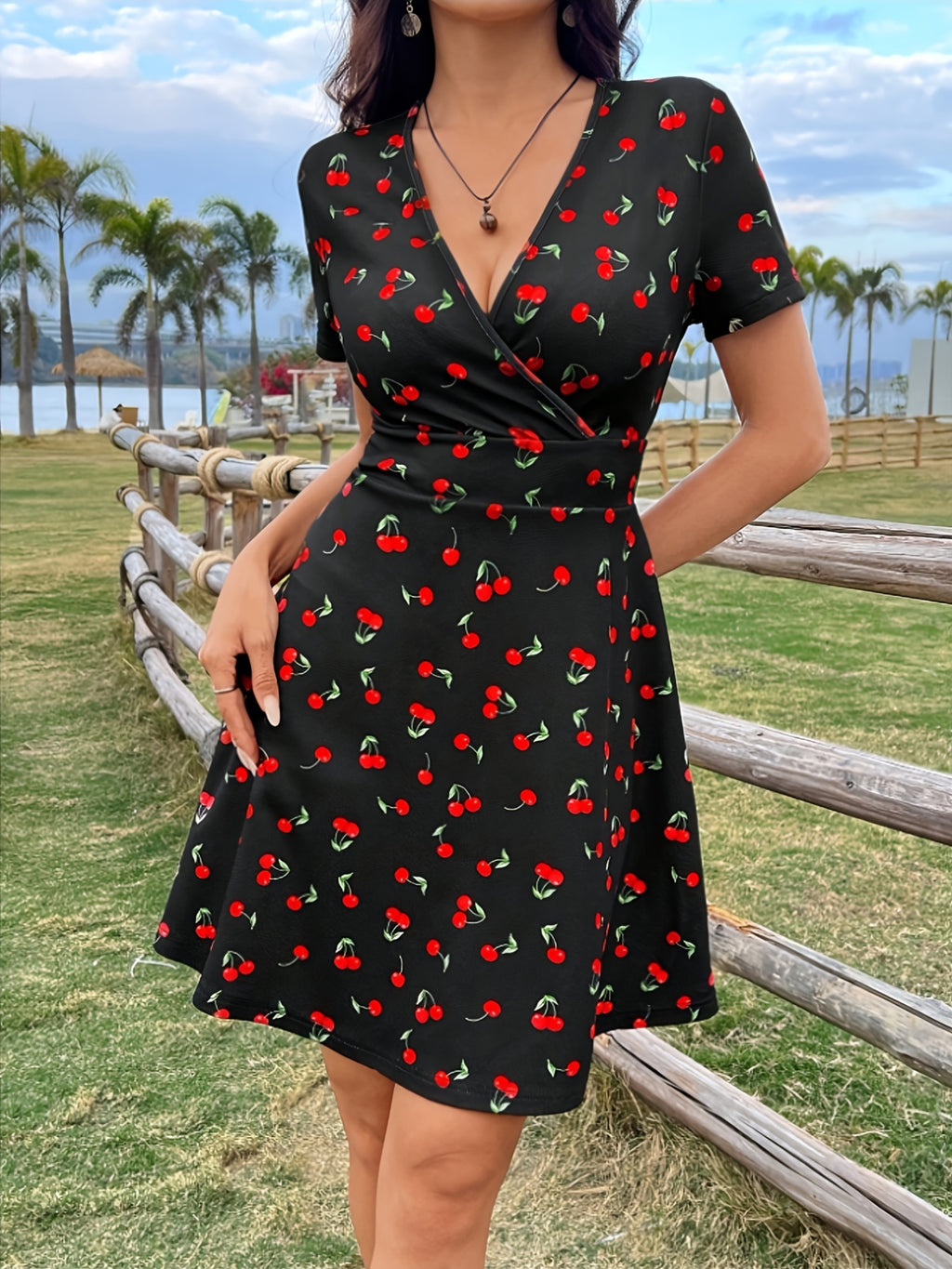 Lady, Elegant Black Fruit Print Maxi Dress