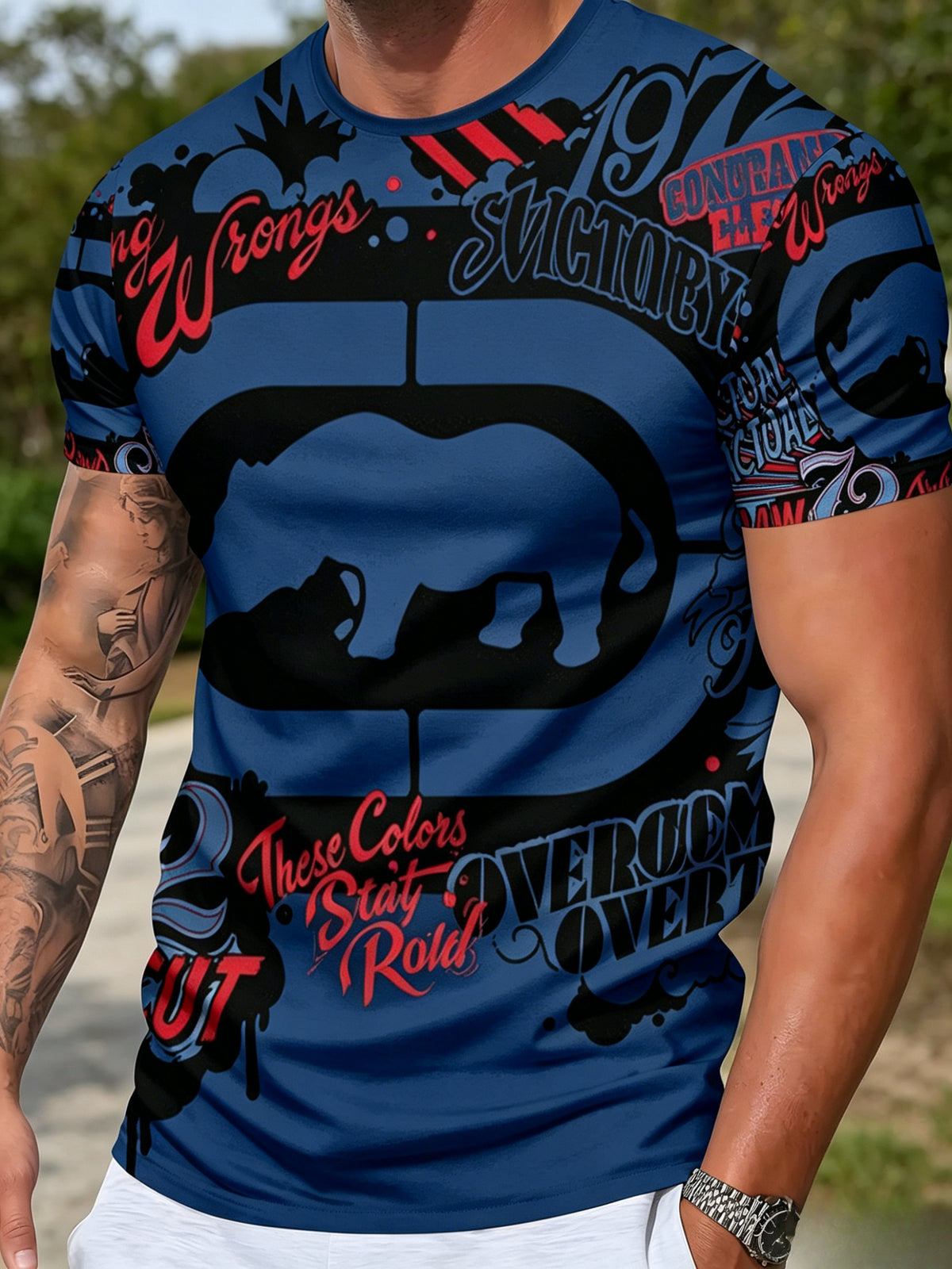 Men's Digital Print T-Shirt / Fashionable Crew Neck Short Sleeve / Printed Trendy American-Style Rhino Graffiti Short Sleeve T-Shirt / Unique Vintage Cool Design / Crew Neck Casual Fit / Versatile for Daily Outings / Create a Trendy Outfit / A Must-Have